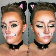 Catmakeup Kitty Cat Diy Costume Women, White Cat Makeup Halloween, White Cat Costume Women, Kitty Makeup For Kids, Mice Makeup, Cat Costumes Women Diy, Kitty Costume Women, Diy Cat Costume Women, Womens Cat Costume