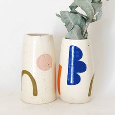 two ceramic vases with plants in them