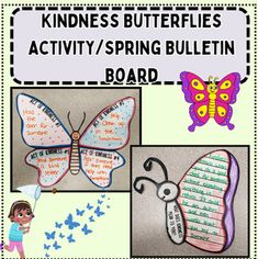 a bulletin board with pictures of butterflies and words