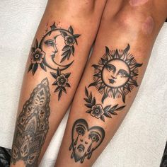 two sun and moon tattoos on both legs