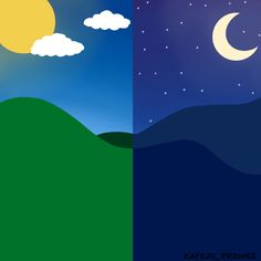 two different views of the same sky with clouds and stars in them, one is blue and green