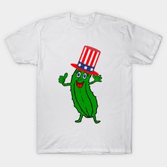 a white t - shirt with an image of a pickle wearing a red, white and blue hat