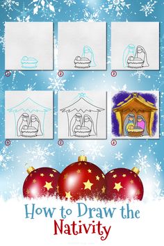 6 steps demonstrating how to draw a nativity drawing for kids. Nativity Drawing, Christmas Drawings For Kids, Nativity Scene Diy, Simple Nativity, Easy Christmas Drawings, Nativity Painting, Christmas Art For Kids, Christmas Manger, Christmas Crafts Diy Projects