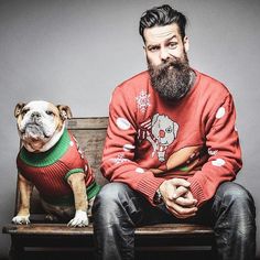 Matty Conrad with his bulldog matching the Christmas sweaters. Happy Holidays everyone! #beardlove #beard #style #christmas