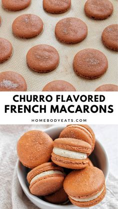 french macarons in a bowl with the words churro flavored