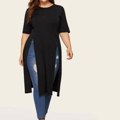 Shein Plus Women Split Longline Shirt New With Tag, Never Worn. #Tds345p Plus Size Shirt Dress, Classy Blouses, Plus Size Tees, Trendy Plus Size Clothing, Plus Size Kleidung, Tee Outfit, Kentucky Derby, Plus Size Shirts, Trendy Plus Size