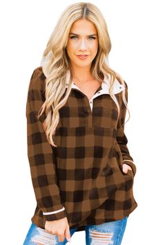 Brown Plaid Fleece Pullover Sweatshirt Cozy Fit Brown Tops For Loungewear, Brown Fleece Long Sleeve Sweatshirt, Brown Long Sleeve Fleece Sweatshirt, Casual Brown Fleece Top, Brown Long Sleeve Casual Sweatshirt, Brown Fleece Sweatshirt For Fall, Brown Long Sleeve Sweatshirt, Long Sleeve Fleece Tops With Ribbed Cuffs, Casual Cozy Fit Fleece Tops