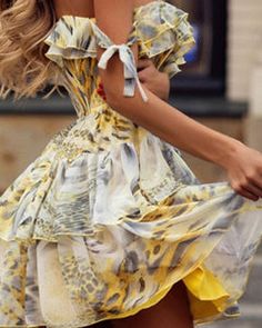 Flowy Yellow Dress With Ruffle Hem, Yellow Ruffled Midi Dress For Casual Wear, Yellow Midi Dress With Ruffles For Casual Wear, Yellow Midi Dress With Ruffles For Casual Occasions, Ruffles Dress, Leopard Shorts, Short Sleeve Summer Dresses, Hottest Fashion Trends, Necklines For Dresses