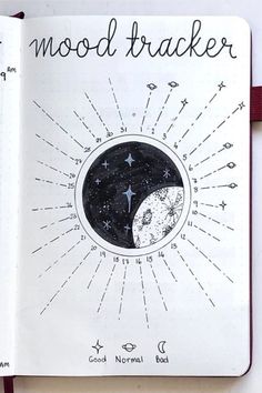 an open notebook with the words mood tracker written on it and stars in the sky