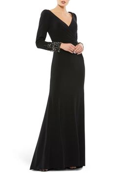 Mac Duggal Beaded Cuff Long Sleeve Wrap Front Gown | Nordstrom Formal Dresses Long Elegant Black Tie Mother Of The Bride, Black Gown Elegant Classy, Long Sleeve Evening Gowns, Dresses Classy, Mob Dresses, Embellished Gown, Long Sleeve Gown, Column Gown, Long Sleeve Sequin