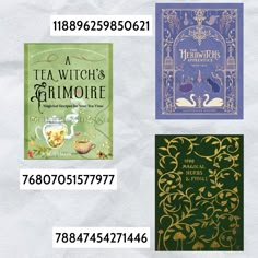 three different books are shown with the same font and numbers on them, including one for tea witch's grimoire