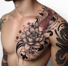 a man with a fish and flower tattoo on his chest