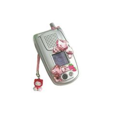 an old cell phone with hello kitty on the front and pink flowers on the back