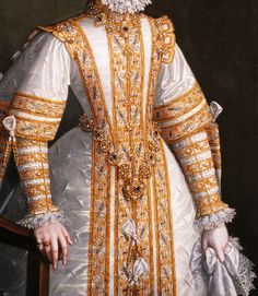 Alonso Sánchez Coello. Detail from Anne of Austria, Queen of Spain, 1571. Anne Of Austria, 16th Century Dress, Spanish Costume, Queen Of Spain, Royal Clothes, Medieval Clothes, Lace Painting, Dress Painting