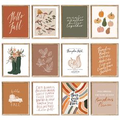 a bunch of cards that have different types of fall greetings on them, including pumpkins and leaves