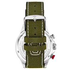 Silver-tone alloy case with a green leather strap. Fixed silver-tone alloy bezel. Green dial with black diamond-shaped style hands and index hour markers. An Arabic numeral appears at the 12 o'clock position. Minute markers around the outer rim. Dial Type: Analog. Luminescent hands and markers. Date display at the 4 o'clock position. Three sub-dials displaying: 60 seconds, 24 hour with am/pm indicator. Quartz movement. Scratch resistant mineral crystal. Pull / push crown. Solid case back. Round case shape. Case size: 45 mm. Case thickness: 12.75 mm. Band length: 8.75 inches. Buckle clasp. Water resistant at 30 meters / 100 feet. Functions: date, hour, minute, second, 24 hour, am/pm indicator. Casual watch style. Stuhrling Original Aviator Quartz Green Dial Men's Watch M13588.specs:Case Cas Mens Chronograph, Aviator Watch, Cheap Gifts, Casual Watches, Am Pm, Minerals Crystals, Men's Watch, Green Leather, Fabric Covered