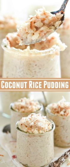 coconut rice pudding in small glass jars with spoons on the side and text overlay that reads coconut rice pudding