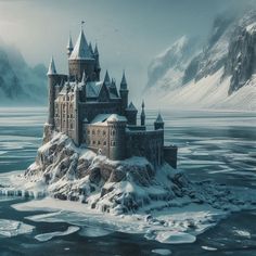 a castle on an island in the middle of some water with ice and snow around it