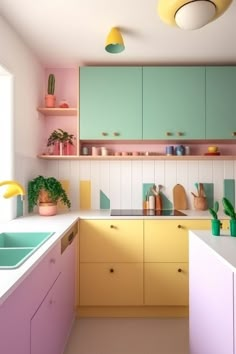 a kitchen with green and yellow cabinets and pink counters