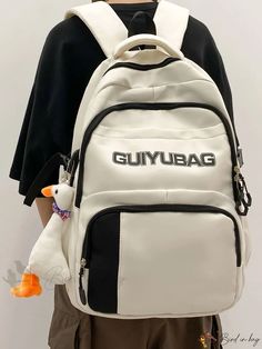 Bird in Bag - Printed College-Style Backpack White Letter Print Standard Backpack, White Leather Backpack For School, White Leather Student Backpack, White Leather Standard Backpack For Students, Everyday White Backpack With Letter Print, White Letter Print Backpack For Students, Trendy White Backpack With Letter Print, White Leather Shoulder Backpack For School, White Letter Print Backpack For Back To School