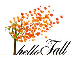 the words hello fall are written in black and orange leaves on a white background with an autumn tree