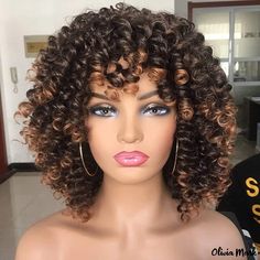 Olivia Mark - Brown Blonde Curly Wigs with Bangs - Shoulder Length Natural Hairpieces Short Curly Afro, Blonde Curly Wig, Curly Afro Wig, Tan Skin Blonde Hair, Afro Wig, Curly Bob Wigs, Afro Wigs, Short Curly Wigs, Natural Wigs