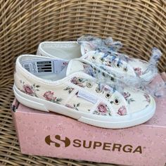 Superga X Loveshackfancy Collab! Size Women’s 36 (Us Size 6) Beautiful Floral Design With Delicate Chiffon Laces. Spare Laces And Storage / Protection Bag Included. Please Note The Little Yellowing At The Toe And That The Laces Are Fragile And Require Gentle Hands. Pink Floral Print Sneakers For Summer, Cream Lace-up Sneakers With Cushioned Footbed, Superga X Loveshackfancy, Designer Cream Lace-up Sneakers, Comfortable Pink Lace-up Sneakers, Pink Lace-up Sneakers With Floral Print, Pink Floral Print Lace-up Sneakers, Superga Platform, Floral Print Textile Lace-up Sneakers