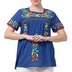 Raj Erina Embroidered Blouse Our Erina blouse is lightweight to keep you cool and comfortable with floral embroidery to add interest and detail to any outfit. Spring Chikankari Embroidered Short Sleeve Blouse, Spring Short Sleeve Blouse With Chikankari Embroidery, Summer Cotton Blouse With Tonal Embroidery, Spring Embroidered Neckline Crew Neck Top, Spring Crew Neck Blouse With Embroidered Hem, Spring Crew Neck Top With Embroidered Neckline, Relaxed Fit Blouse With Floral Embroidery And Short Sleeves, Blue Blouse With Geometric Embroidery For Spring, Casual Embroidered Top With Chikankari