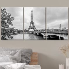 the eiffel tower in paris on a cloudy day canvas wall art print set