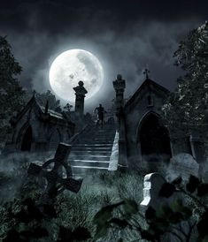 an image of a creepy graveyard scene at night