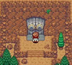 an image of a video game with a person in front of a door and trees