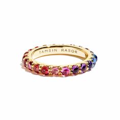 Jelly Bean Sapphire Eternity Ring – Tamsin Rasor Sapphire Eternity Band, Sapphire Eternity Ring, Engagement Necklaces, Rainbow Sapphires, Warm Yellow, Jelly Bean, Charm Rings, Gold Hands, Jelly Beans