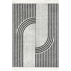 a black and white rug with stripes on it