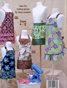 four different aprons on mannequins with instructions to make them