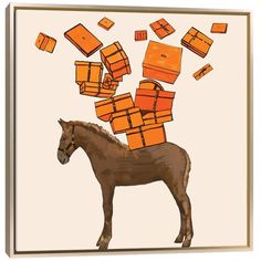 a brown horse standing in front of boxes on top of it's back legs