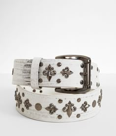 BKE Studded Fleur Leather Belt - White 38, Men's White Distressed leather 1 3/4 belt. Due to the nature of leather/suede, small variances of color in the skin may occur, this is in no way considered a defect. These are inherent characteristics of leather/suede and will enhance the individual look of your garment.. Bonded leather/man made material.. MEN'S BELT SIZE CONVERSION CHART Waist (size) 28-30 32-34 36-38 40-42 Belt Length 30-32 34-36 38-40 42 Belt Size S M L XL *Conversion sizes may vary. Y2k Belt, Nice Belts, Leather Man, Leather Belts Men, White Belt, Studded Belt, Men's Belt, Conversion Chart, Studded Leather