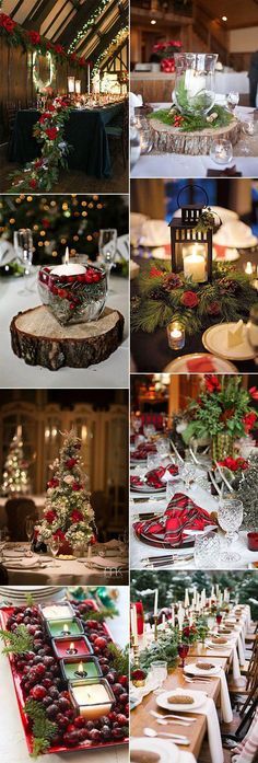 the table is decorated with red flowers and greenery, candles are placed on top