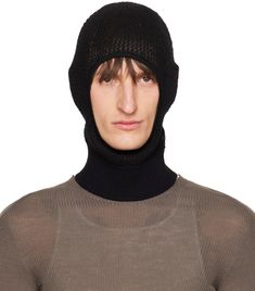 Open knit wool balaclava in black. Rib knit trim at face and collar. Face masks and face coverings are final sale and are not eligible for return or exchange. Supplier color: Black Black Balaclava For Cold Weather In Fall, Black Balaclava For Cold Weather, Black Full Face Balaclava For Cold Weather, Fitted Full Face Black Balaclava, Black Fitted Full Face Balaclava, Functional Full Face Black Balaclava, Functional Black Balaclava For Streetwear, Black Breathable Balaclava, Black Balaclava For Streetwear