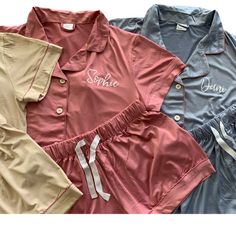 three women's pajama sets with the name spac written on them