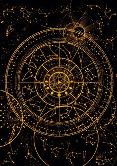 an image of a golden astro wheel with stars and zodiac signs on the black background