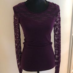 Darling Long Sleeve Purple Top. Lace Princess Bodice, Lace Sleeves And Lace On Upper Back. Cotton And Spandex Makes It Very Comfortable! Purple Fitted Lace Top, Fitted Purple Lace Top, Princess Bodice, Purple Top, Lace Sleeves, Color Purple, Long Sleeve Top, Women Long Sleeve, Bodice