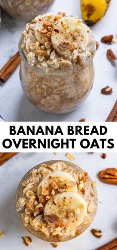 banana bread overnight oats in a glass jar with cinnamon and pecans on the side