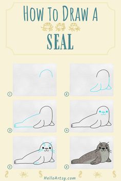 6 steps demonstrating how to draw a seal drawing for kids. How To Draw A Seal Step By Step, How To Draw A Seal, Alaska Doodles, How To Draw Sea Creatures, Seal Crafts For Kids, Seal Drawing, Sketching Lessons, Sea Creatures Drawing