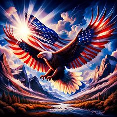 an eagle with the american flag painted on it's wings is flying over a mountain range