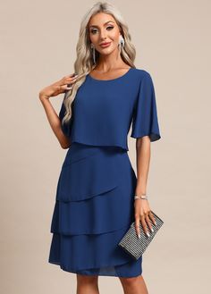 Blue Dresses With Side Zipper, Blue Knee-length Dresses With Side Zipper, Blue Summer Dress With Side Zipper, Half Sleeve, Half Sleeves, Shift Dress, Scoop Neck, Blue