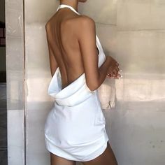 S To L Chic White Backless Dress For Night Out, Chic White Bodycon Backless Dress, Chic White Halter Dress For Night Out, White Backless Dress For Evening, Chic White Fitted Backless Dress, Elegant White Backless Dress For Club, White Mini Backless Cocktail Dress, White Backless Dress For Going Out, White Halter Neck Backless Cocktail Dress