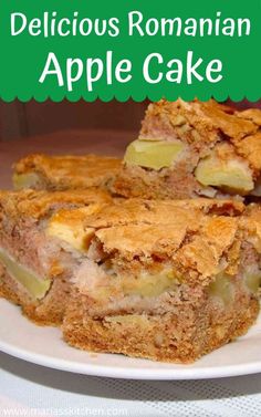 two pieces of apple cake on a plate with the words delicious romanan apple cake