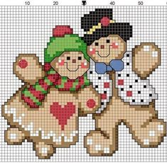 two teddy bears with hats and scarves on their heads are shown in this cross stitch pattern