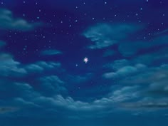 the night sky is full of stars and clouds, with one star in the middle