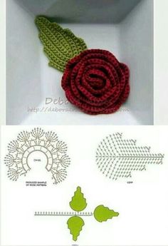 crochet rose brooch pattern in red and green with instructions to make it